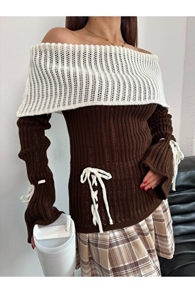 Lamierra Double Color Detailed Bow Off-The-Shoulder Women's Knitwear Sweater