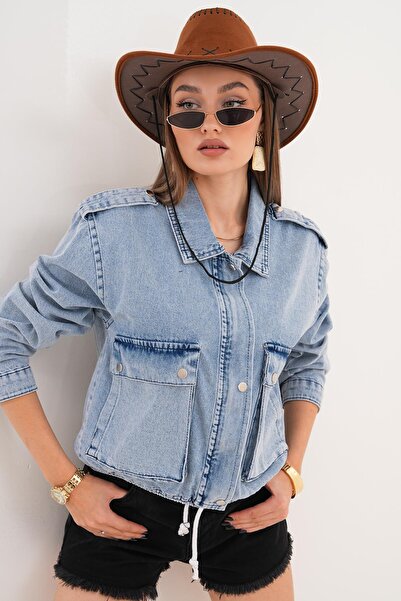 ŞİMAL Women's Double Pocket Epaulet Detailed Denim Jacket 255112 -