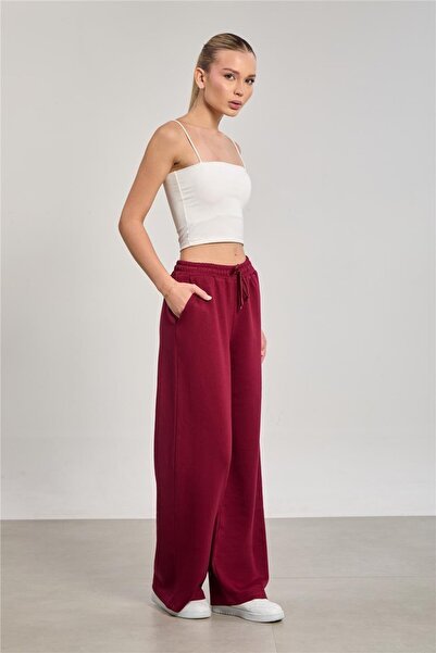 BARRELS AND OIL بنطلون نسائي واسع الساقين بخصر مطاطي - لون أحمر داكن