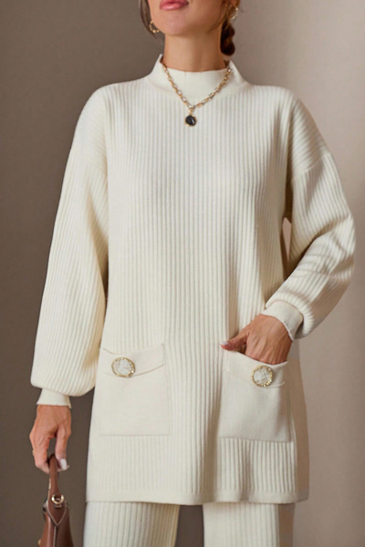 H&E LUXURY DESIGN Γυναικείο Κρεμ Πλεκτό Σετ με Λεπτομέρεια Τσέπης Διπλό Σετ