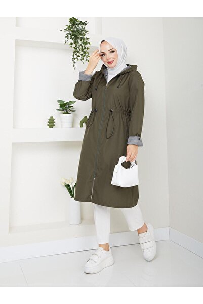exxitcollection Women's Bondit Fabric Striped Trench Coat Hooded Waterproof Stylish Comfortable