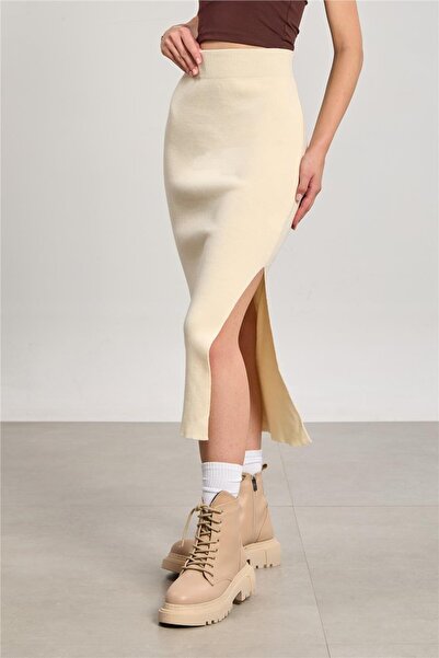 BARRELS AND OIL Kadın Triko Kalem Etek - Taş Rengi