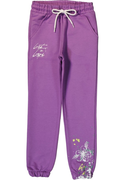 İrem Çocuk Giyim Girl's Lilac Color Sweatpants with Floral Pattern and Pockets