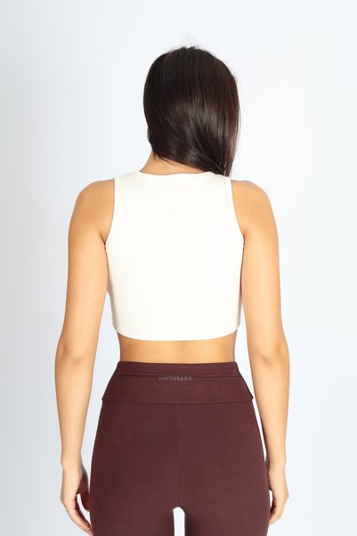 soft&basic Women's Beige Basic Halter Neck Stretchy Piped Ribbed Knit Fabric Crop Top Bodysuit Tank Top