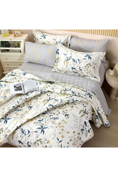 Alhabib bedding Summerland Summer Light Double Bedspread Floral Print Cream and Gray 6 Pieces