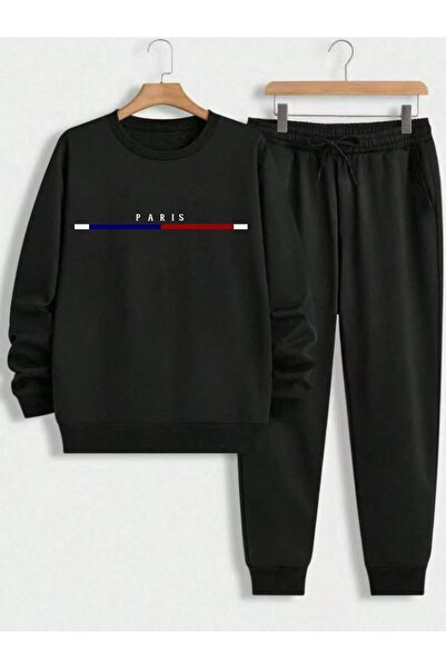 puolikuu Sweatshirt Jogger Tracksuit Set - Oversize, Ribbed, Paris Printed Crew Neck