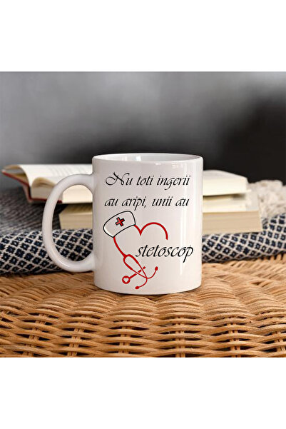 OEM Cana cu mesaj:"Nu toti ingerii au aripi, unii au stetoscop",ceramica, alba