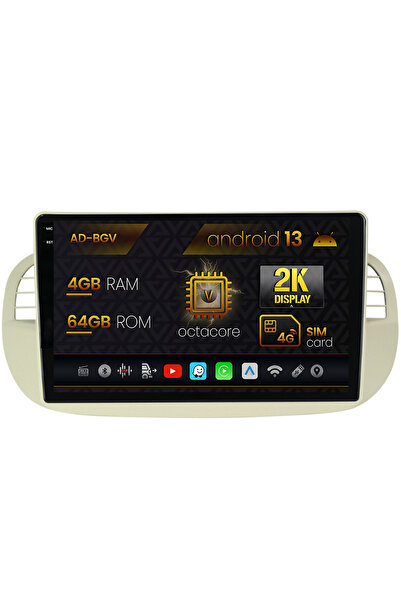 AutoDrop Navigatie Fiat 500 (2007-2014),Android 13,V-Octa/4GB RAM+64GB ROM,9.5"