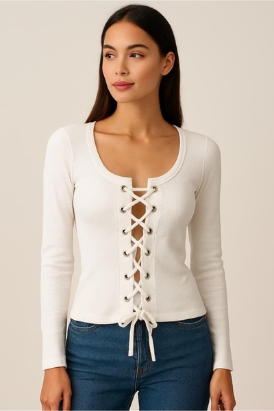 Chicup Aura Women's White Lace Detailed Ribbed Knitted Blouse