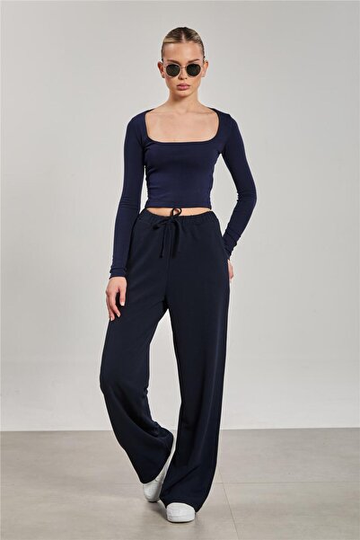 BARRELS AND OIL Women's Drawstring Waist Wide Leg Pants - Navy Blue