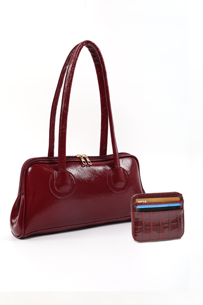 SHAKA Bordo SHK251 Kırışık Suni Deri Fermuarlı Omuz Çantası ve Kroko Cüzdan S...