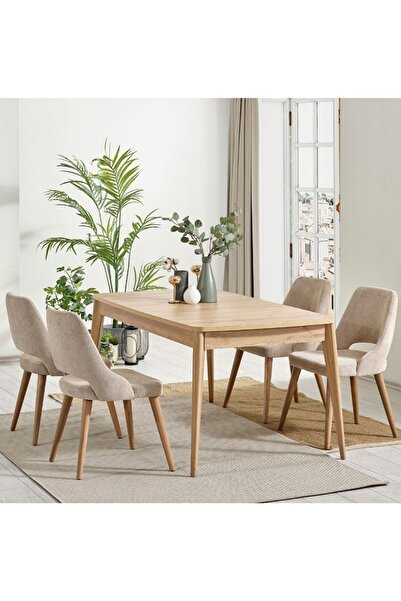 asaella mobilya Orno 80x132 Mdf Açılabilir Meşe Masa 6 Krem Sandalye