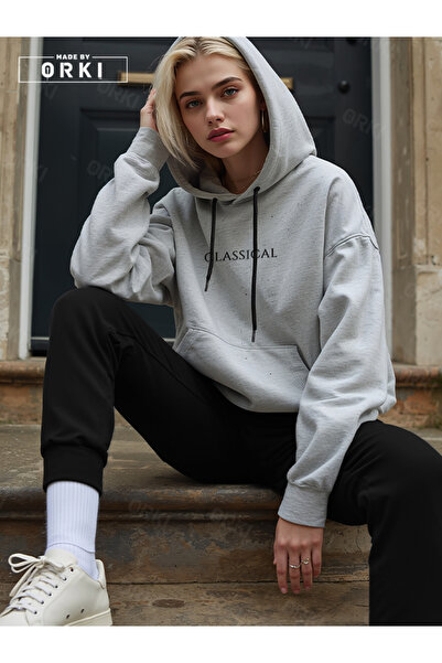 EFFRENATU Women's Gray Oversize Hooded Sweatshirt – Classical Digital Print