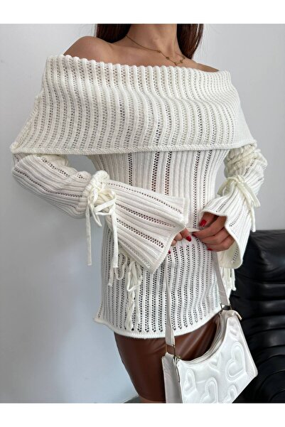 Lamierra Pulover de tricotat pentru femei cu fundă deschisă pe umeri