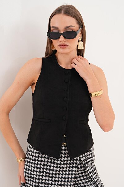 ŞİMAL Women's Button Closure Suede Vest 255066 -