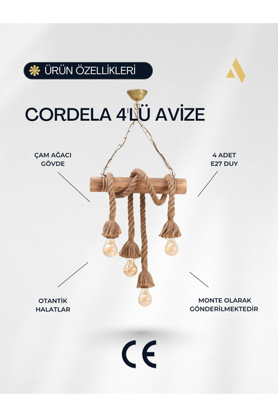 Alldesco Cordela 4’lü Rustik Halatlı Ahşap Avize – Zincir Askılı, Otantik & Dekoratif Tasarım