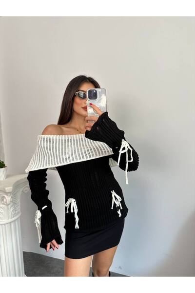 Lamierra Double Color Detailed Bow Off-The-Shoulder Women's Knitwear Sweater