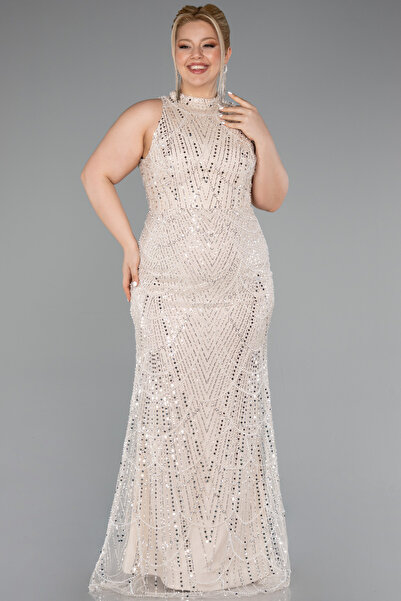 Abiyefon Bej Halter Yaka Uzun Boncuklu Büyük Beden Abiye ABU5063