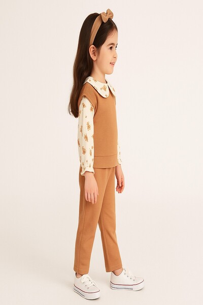 dinamik çocuk 2-6 Year Old Girl's Floral Collar Detailed Ribbed 2-Piece Top and Bottom Set for Seasonal Wear