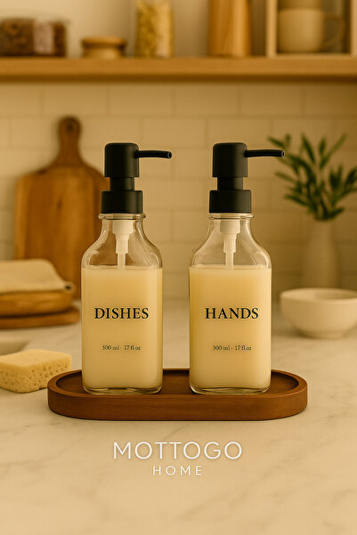 Mottogo Ahşap Altlıklı 2'li Cam Sabunluk Deterjanlık (Dishes-Hands-Soap-Lotio...