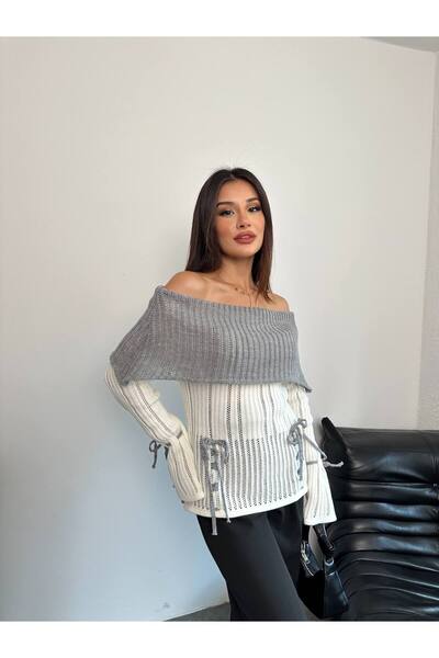 Lamierra Double Color Detailed Bow Off-The-Shoulder Women's Knitwear Sweater