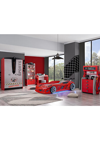 Setay Çocuk Odası - Jaguar Arabalı Yatak, Sports 3 Kapılı Dolap, Masa, Şifonyer, Kitaplık - Kırmızı