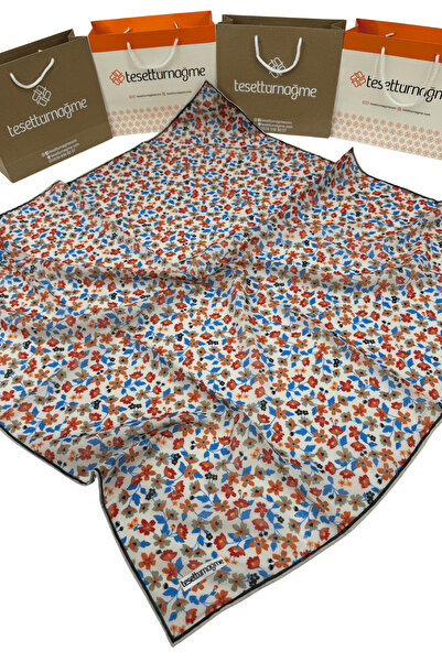 Tesettürnağme Soft Cotton Scarf Tn2008 Floral Pattern Cream-Tile-Blue-11