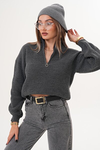 ŞİMAL Pulover tricotat cu detaliu cu fermoar la guler pentru femei 255109 -