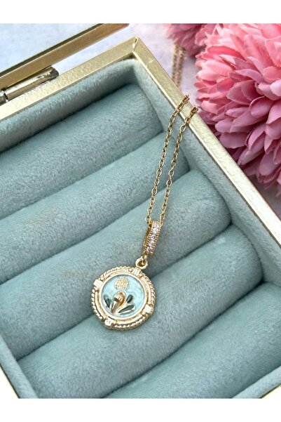 Lavin Accessoriess Gold Vintage Çerçeve Detaylı Mavi Çelik Kolye