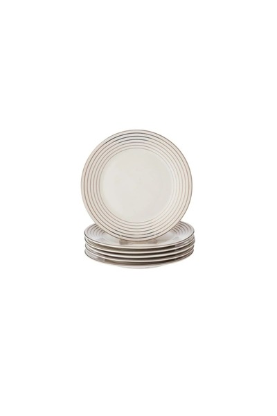 ORIAN 6-piece white porcelain round striped flat dessert plate set, size 17.5 cm