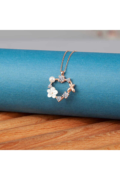 BlackCraft 925 Ayar Gümüş Rose Kalp Manolya Çiçeği Kelebek Kadın Kolye (BC-10...