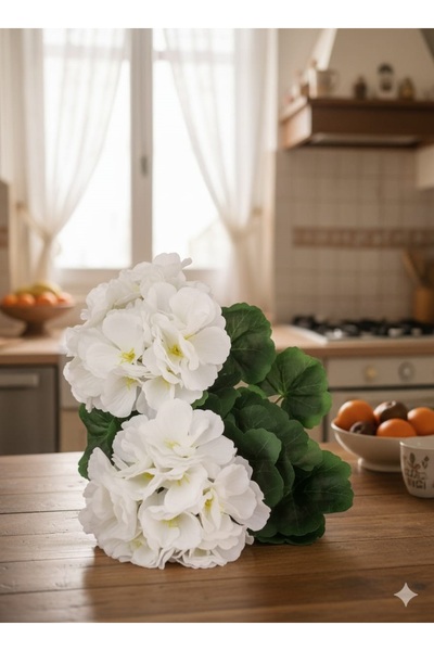 yapay çiçek evi Floare Artificială Geranium Mare 7 Ramuri Buchet 40 cm ALB