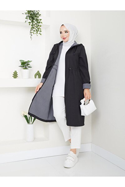 exxitcollection Women's Bondit Fabric Striped Trench Coat Hooded Waterproof Stylish Comfortable