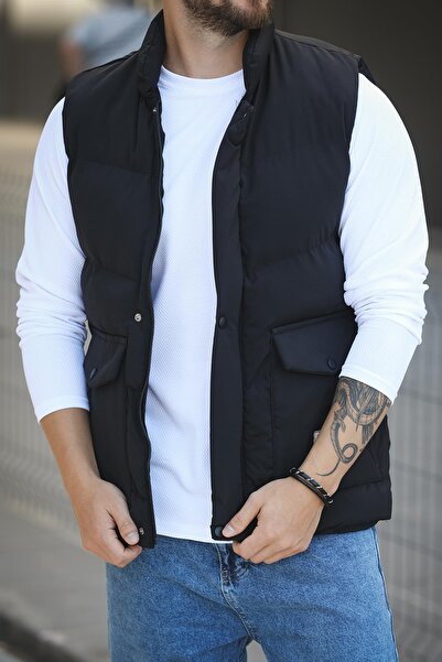 since 1990 man Manoctave Waterproof Hooded Pocket Label Detailed Stand Collar Men's Puffer Vest