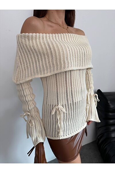 Lamierra Women's Knit Sweater with Open Shoulder Bow