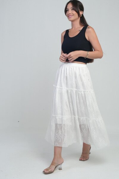 By Saygı Women's Elastic Waist Lined Floral Tulle Skirt