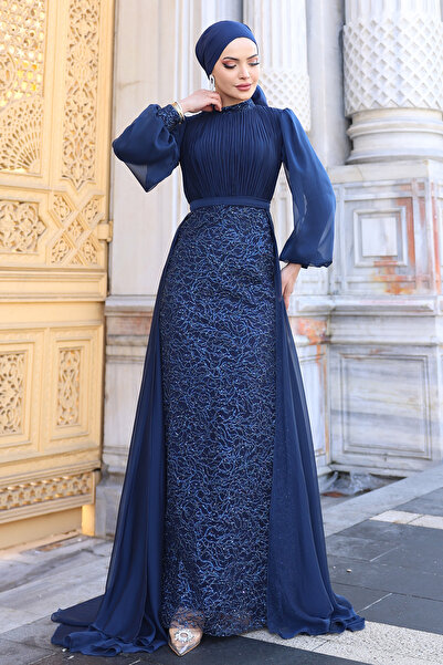 Raika Moda Lavender Chiffon Detailed Gliten Fabric Stylish Hijab Evening Dress