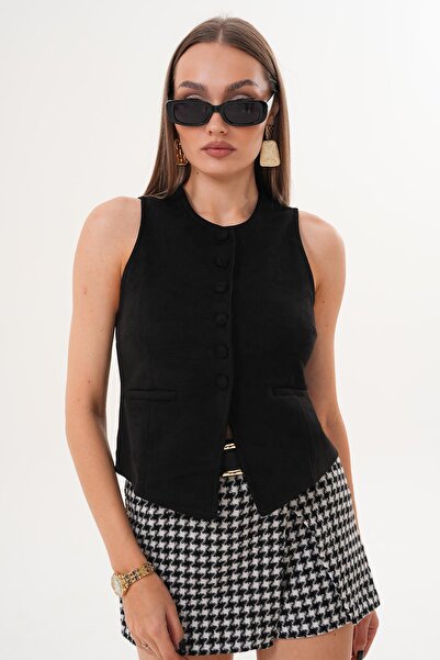 ŞİMAL Women's Button Closure Suede Vest 255066 -