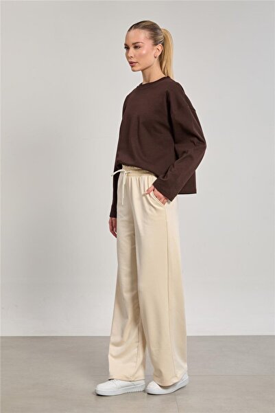 BARRELS AND OIL Kadın Beli Lastikli Modal Bol Paça Pantolon - Taş Rengi
