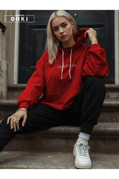 EFFRENATU Women's Red Oversize Hooded Sweatshirt – Classical Digital Print