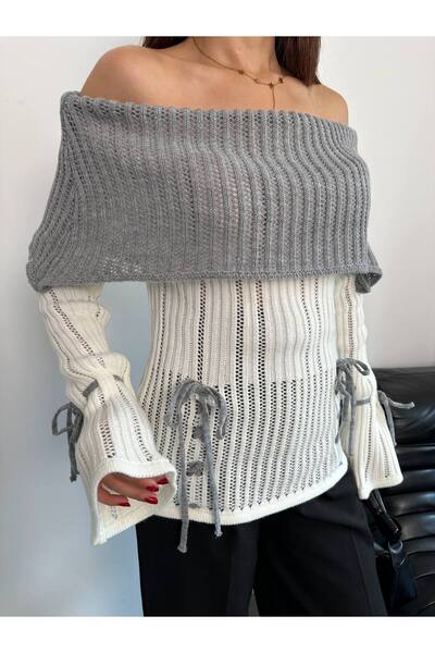 Lamierra Double Color Detailed Bow Off-The-Shoulder Women's Knitwear Sweater