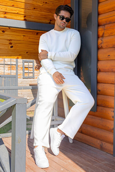 FRANCO RENZO Λευκό ανδρικό παντελόνι με 3 κλωστές, φαρδύ, ανοιχτόχρωμο