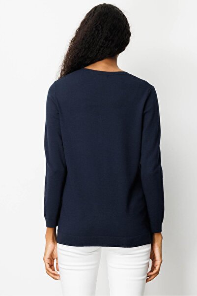 Desen Triko Women's Crew Neck Floral Embroidered Blouse Dark Blue