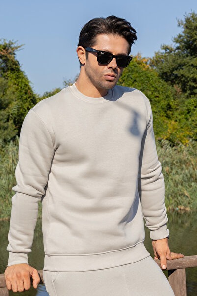 FRANCO RENZO Ανδρικό φούτερ από βαμβακερό μαλακό γκρι φούτερ με λαιμόκοψη και φλις εσωτερικά