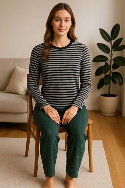 Tenra Kadın Pijama Takımı %100 Pamuk Yeşil Çizgili