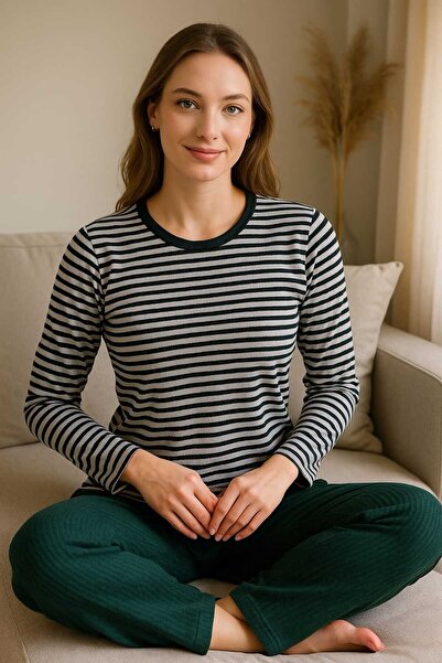 Tenra Kadın Pijama Takımı %100 Pamuk Yeşil Çizgili