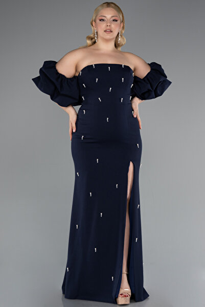 Abiyefon Lacivert Straplez Kısa Kollu Uzun Büyük Beden Abiye ABU4990