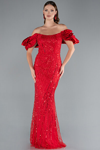 Abiyefon Kırmızı Kısa Kol Boncuklu Uzun Taşlı Balık Abiye Elbise ABU4509