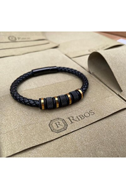 OEM Bratara barbati New Icon, RIBOS, Otel/Piele ecologica, Auriu/Negru, 21cm