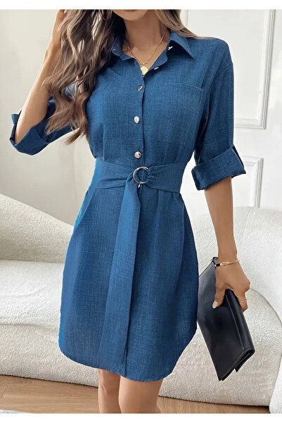 Little Visqon Women's Long Sleeve Collared Front Buttoned Belted Waist Mini Imported Linen Dress